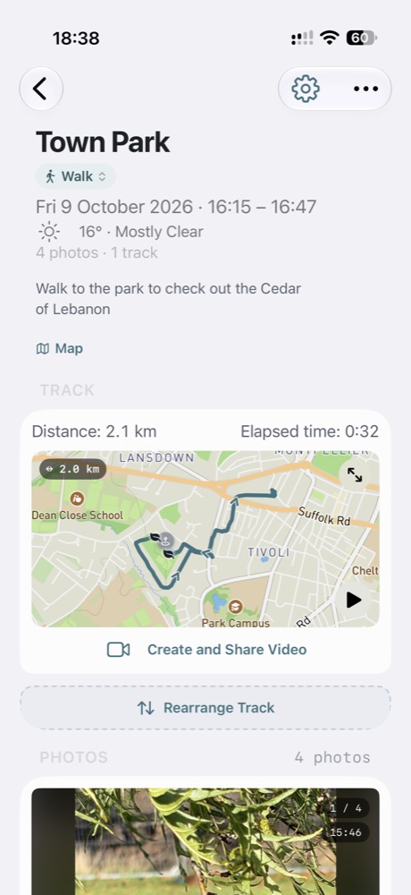 A walk with its route and sightings